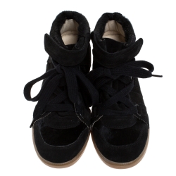 Pre Owned Isabel Marant Black Suede And Pony Hair Bobby Wedge Sneakers Size 37