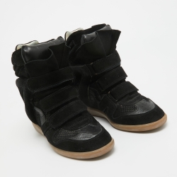 Pre Owned Isabel Marant Black Leather and Suede Over Basket Wedge High Top Sneakers Size 39
