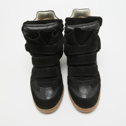 Pre Owned Isabel Marant Black Leather and Suede Over Basket Wedge High Top Sneakers Size 39