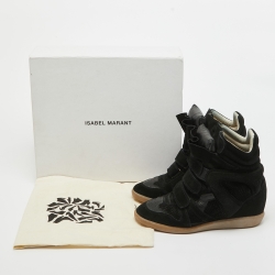 Pre Owned Isabel Marant Black Leather and Suede Over Basket Wedge High Top Sneakers Size 39