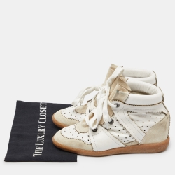 Pre Owned Isabel Marant White/Cream Perforated Leather and Suede Baya Wedge Sneakers Size 39