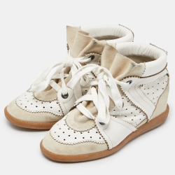 Pre Owned Isabel Marant White/Cream Perforated Leather and Suede Baya Wedge Sneakers Size 39