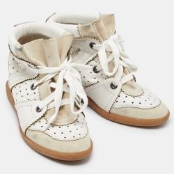 Pre Owned Isabel Marant White/Cream Perforated Leather and Suede Baya Wedge Sneakers Size 39