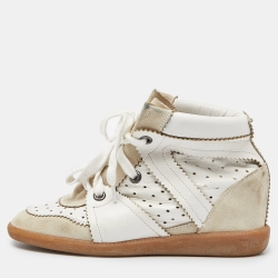 Pre Owned Isabel Marant White/Cream Perforated Leather and Suede Baya Wedge Sneakers Size 39