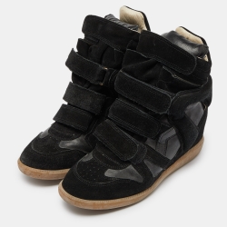 Pre Owned Isabel Marant Black Leather and Suede Over Basket Wedge High Top Sneakers Size 39
