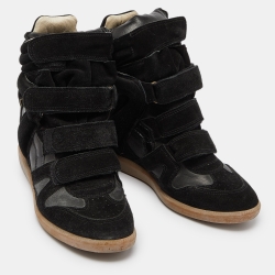 Pre Owned Isabel Marant Black Leather and Suede Over Basket Wedge High Top Sneakers Size 39