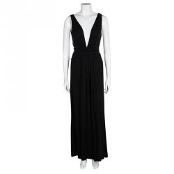 Pre Owned Issa Black Silk Jersey Plunged Neck Gathered Maxi Dress S