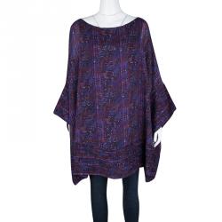 Issa Purple Printed Silk Frayed Trim Detail Oversized Tunic S