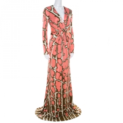 Issa Pink Abstract Print Silk Jersey Gathered Waist Maxi Dress S