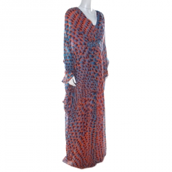 Issa Blue and Orange Print Silk Maxi Kaftan Dress M
