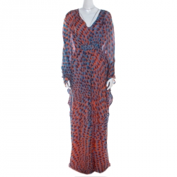 Issa Blue and Orange Print Silk Maxi Kaftan Dress M