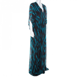 Issa Blue and Black Stripe Printed Silk Maxi Kaftan Dress S