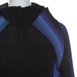 Pre Owned Issey Miyake Bicolor Pleated Long Sleeve Collared Top M