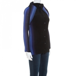 Pre Owned Issey Miyake Bicolor Pleated Long Sleeve Collared Top M