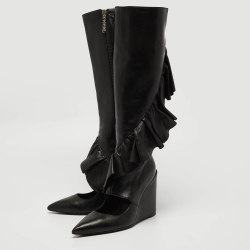 J.W.Anderson Black Leather Ruffle Knee Length Boots Size 38