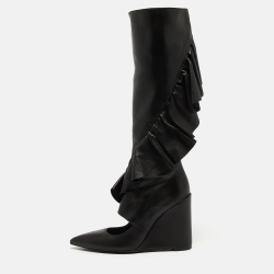 J.W.Anderson Black Leather Ruffle Knee Length Boots Size 38