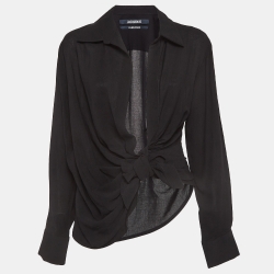 Black Wool Blend Draped Long Sleeve Shirt