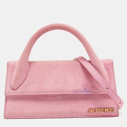 Pink Croc Embossed Suede Long Le Chiquito Top Handle