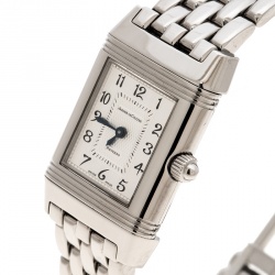 Jaeger LeCoultre White/Mother of Pearl Stainless Steel Diamonds Reverso Classic Duetto Women's Wristwatch 20 mm