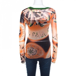Jean Paul Gaultier Soleil Multicolor Printed Nylon Mesh Ruched Long Sleeve Top L