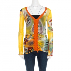 Jean Paul Gaultier Soleil Multicolor Bird Printed Nylon Mesh Ruched Long Sleeve Top L