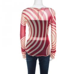 Jean Paul Gaultier Soleil Red and Cream Printed Nylon Mesh Long Sleeve Top L