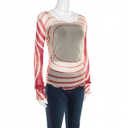 Jean Paul Gaultier Soleil Red and Cream Printed Nylon Mesh Long Sleeve Top L