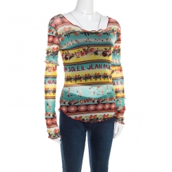 Jean Paul Gaultier Soleil Multicolor Printed Nylon Mesh Ruched Long Sleeve Top L