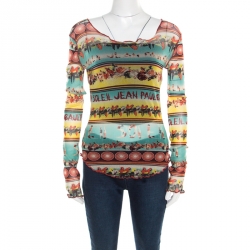 Jean Paul Gaultier Soleil Multicolor Printed Nylon Mesh Ruched Long Sleeve Top L