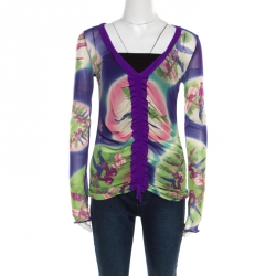 Jean Paul Gaultier Soleil Multicolor Floral Printed Nylon Mesh Ruched Long Sleeve Top L