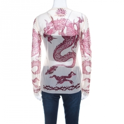 Jean Paul Gaultier Soleil Cream Printed Nylon Mesh Long Sleeve Top L