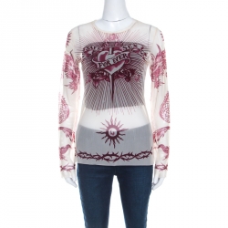 Jean Paul Gaultier Soleil Cream Printed Nylon Mesh Long Sleeve Top L