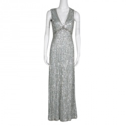 Jenny Packham Grey Sequin Embellished V-Neck Sleeveless Gown S