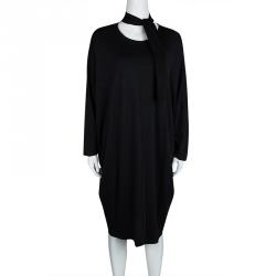 Pre Owned Jil Sander Black Slub Jersey Neck Tie Detail Oversized Dress M