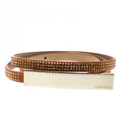 Pre Owned Jimmy Choo Orange Suede Crystal Embellished Blossom Skinny Belt 75cm
