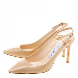 Pre Owned Jimmy Choo Beige Patent Leather Pointed Toe Slingback Sandals Size 39