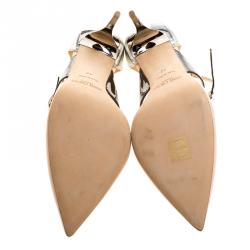 مملوكة مسبقًا حذاء كعب عالي جيمي تشو مقدمة مدببة سيور مزدوجة تيفون جلد ثلاثي اللون مقاس 42