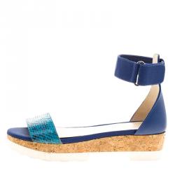 Pre Owned Jimmy Choo Blue Watersnake Neat Ankle Strap Cork Wedge Platform Sandals Size 39