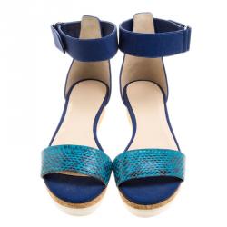 Pre Owned Jimmy Choo Blue Watersnake Neat Ankle Strap Cork Wedge Platform Sandals Size 39