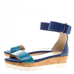 Pre Owned Jimmy Choo Blue Watersnake Neat Ankle Strap Cork Wedge Platform Sandals Size 39