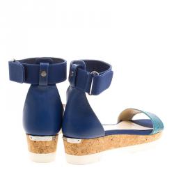 Pre Owned Jimmy Choo Blue Watersnake Neat Ankle Strap Cork Wedge Platform Sandals Size 39