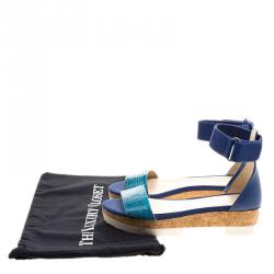 Pre Owned Jimmy Choo Blue Watersnake Neat Ankle Strap Cork Wedge Platform Sandals Size 39