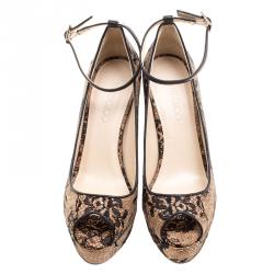 Pre Owned Jimmy Choo Beige Cork and Lace Pacific Peep Toe Ankle Strap Wedge Pumps Size 40