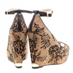 Pre Owned Jimmy Choo Beige Cork and Lace Pacific Peep Toe Ankle Strap Wedge Pumps Size 40