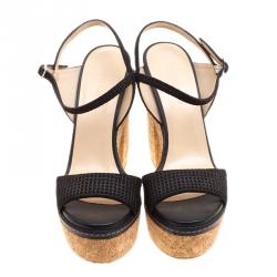 مملوكة مسبقًا صندل جيمي تشو نايلو سويدي أسود منقوش نعل فينيل بحزام للكاحل مقاس 41