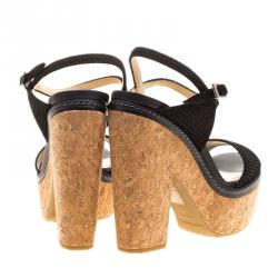 مملوكة مسبقًا صندل جيمي تشو نايلو سويدي أسود منقوش نعل فينيل بحزام للكاحل مقاس 41