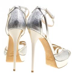 مملوكة مسبقًا Jimmy Choo Metallic Silver Leather and Glitter Laurita Platform Ankle Strap Sandals Size 40