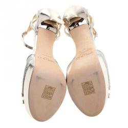 مملوكة مسبقًا Jimmy Choo Metallic Silver Leather and Glitter Laurita Platform Ankle Strap Sandals Size 40