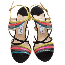 مملوكة مسبقًا صندل جيمي تشو فيزبي جلد متعدد الألوان وشبكة بسيور مقاس 36.5