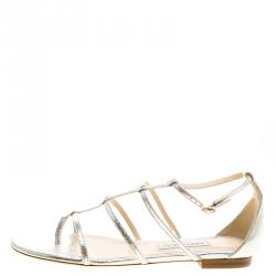 Pre Owned صندل فلات جيمي تشو دوري جلد فضي ميتاليك منقوش مقدمة مفتوحة مقاس 40